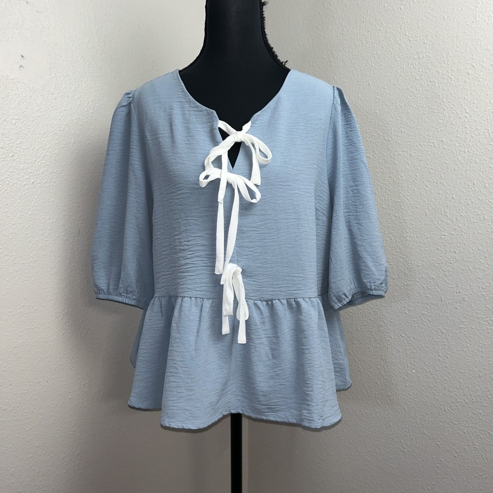 Monteau Bow Front Tie Peplum Top Women's XL Blue & White‎ Lagenlook Boho Artsy